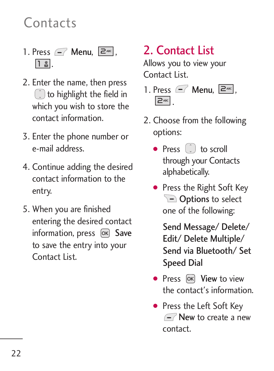 Contacts, Contact list | LG 221C User Manual | Page 22 / 98