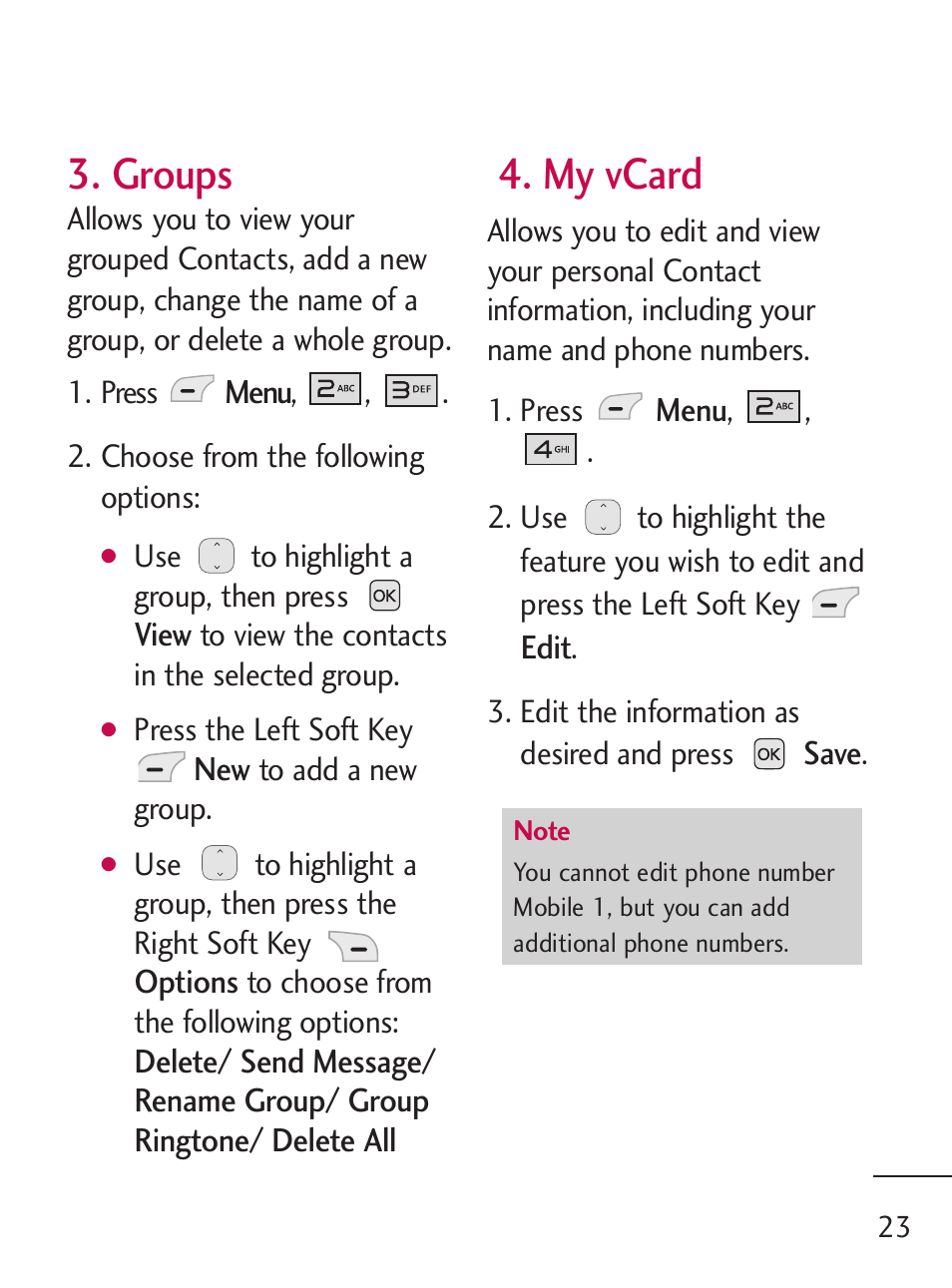 Groups, My vcard | LG 221C User Manual | Page 23 / 98