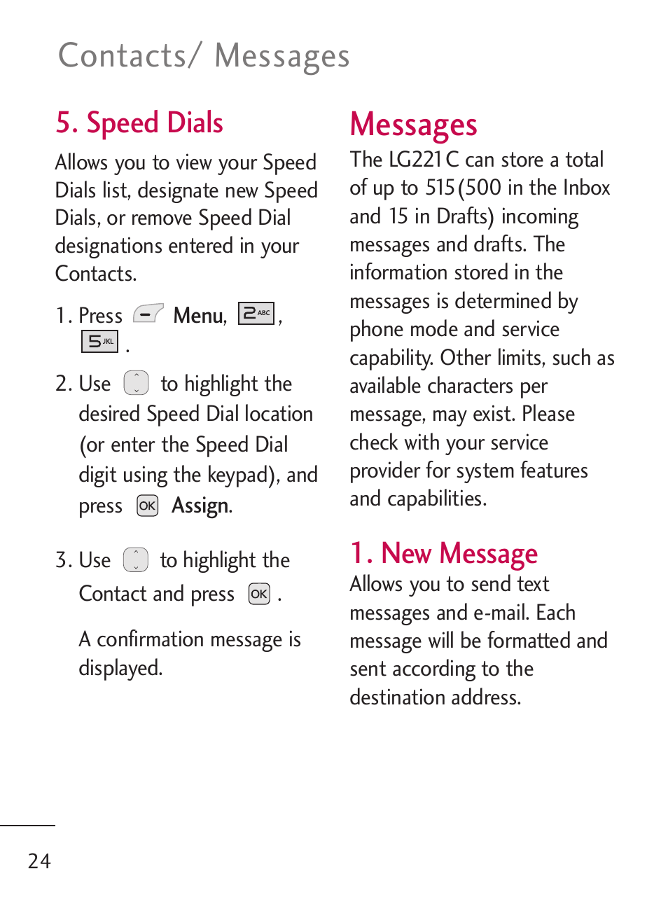 Messages, Contacts/ messages, Speed dials | New message | LG 221C User Manual | Page 24 / 98