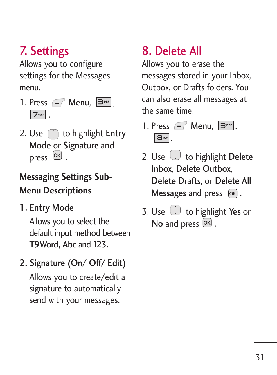 Settings, Delete all | LG 221C User Manual | Page 31 / 98