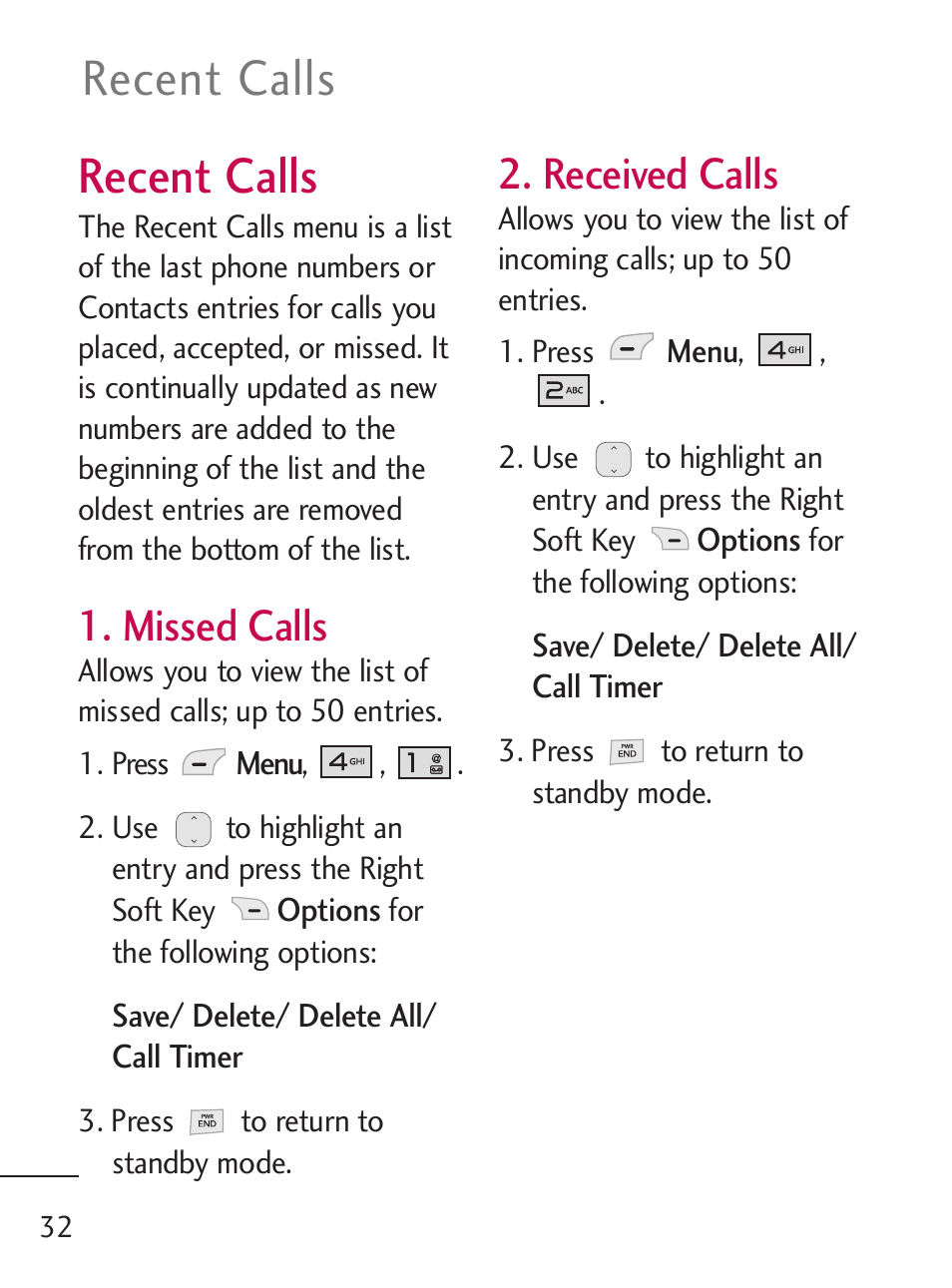 Recent calls, Missed calls, Received calls | LG 221C User Manual | Page 32 / 98