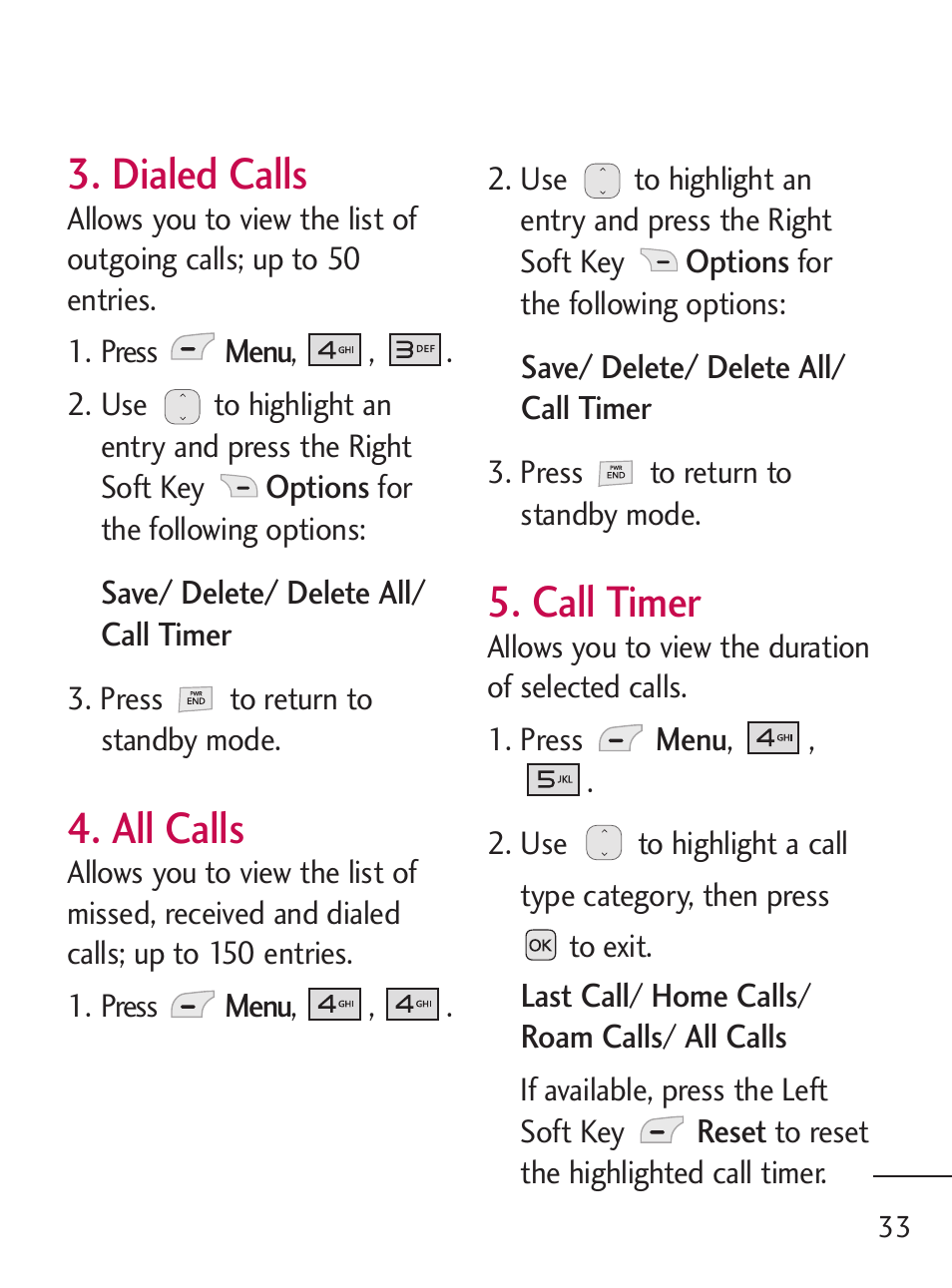 Dialed calls, All calls, Call timer | LG 221C User Manual | Page 33 / 98