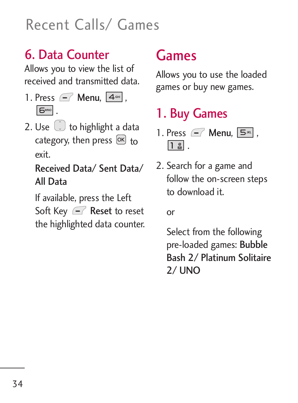 Games, Recent calls/ games, Data counter | Buy games | LG 221C User Manual | Page 34 / 98