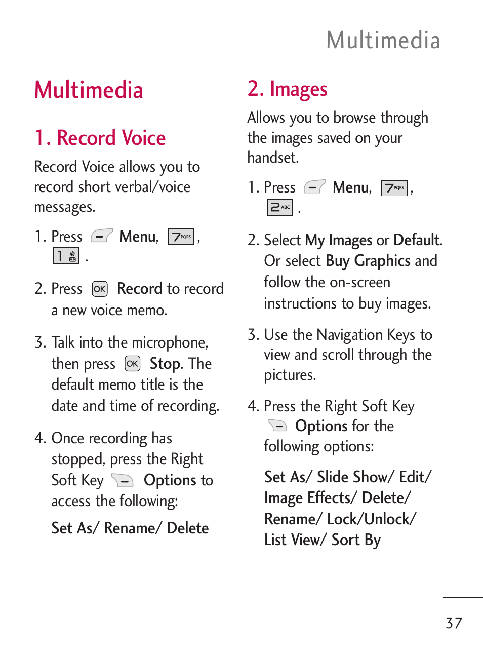 Multimedia, Record voice, Images | LG 221C User Manual | Page 37 / 98
