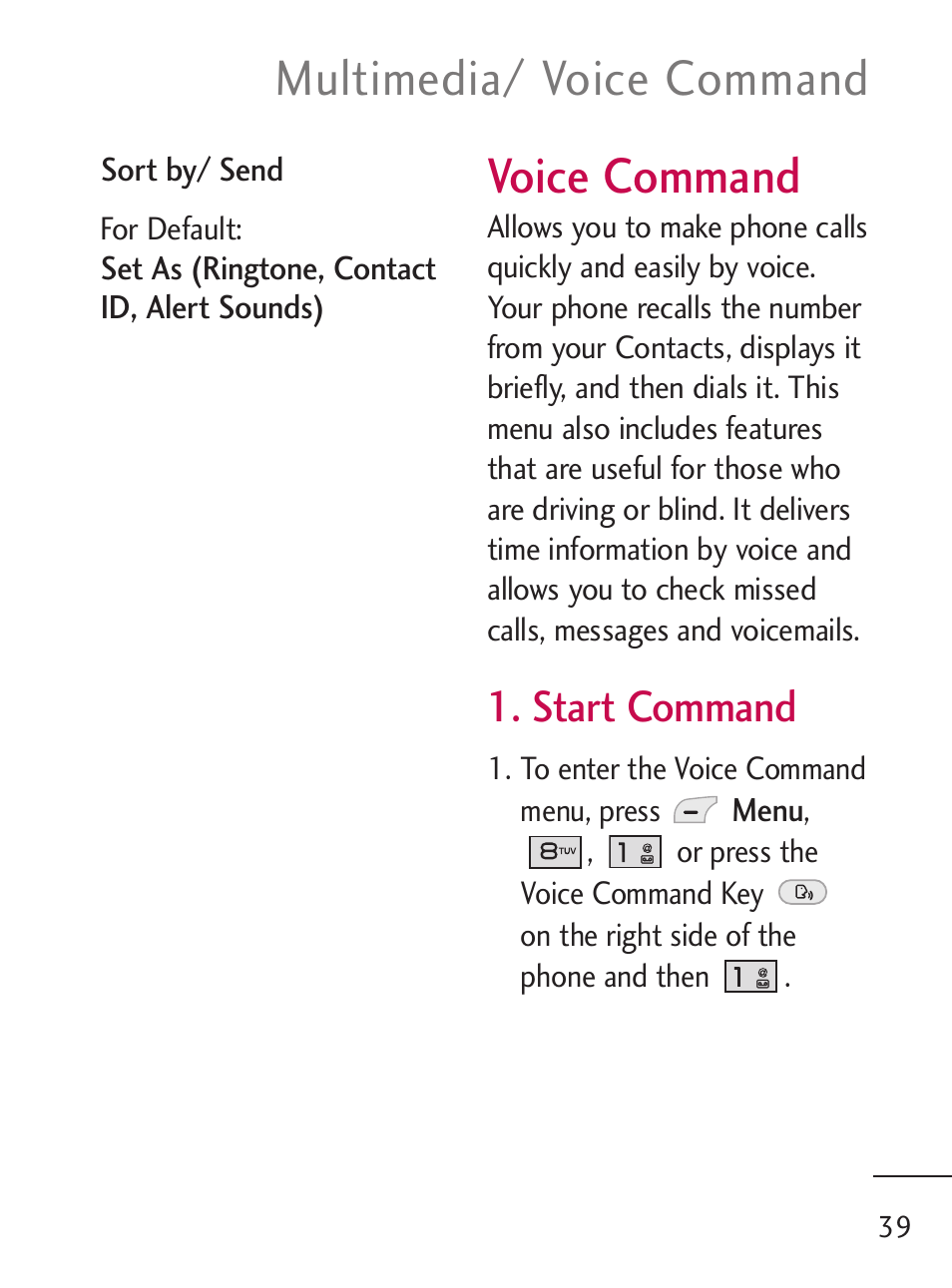 Voice command, Multimedia/ voice command, Start command | LG 221C User Manual | Page 39 / 98
