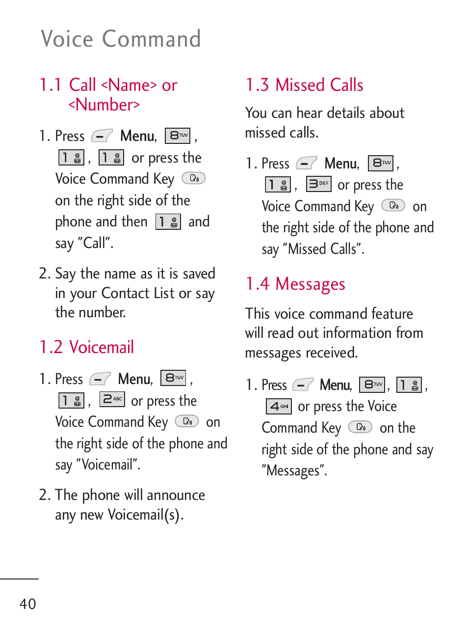 Voice command, 1 call <name> or <number, 2 voicemail | 3 missed calls, 4 messages | LG 221C User Manual | Page 40 / 98