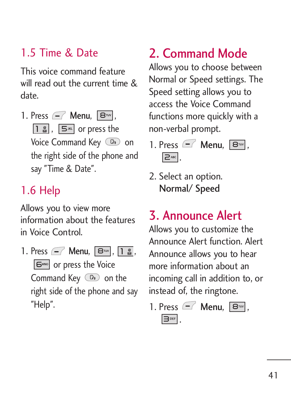 Command mode, Announce alert, 5 time & date | 6 help | LG 221C User Manual | Page 41 / 98