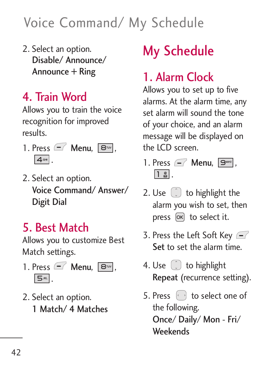 Voice command/ my schedule, My schedule, Train word | Best match, Alarm clock | LG 221C User Manual | Page 42 / 98