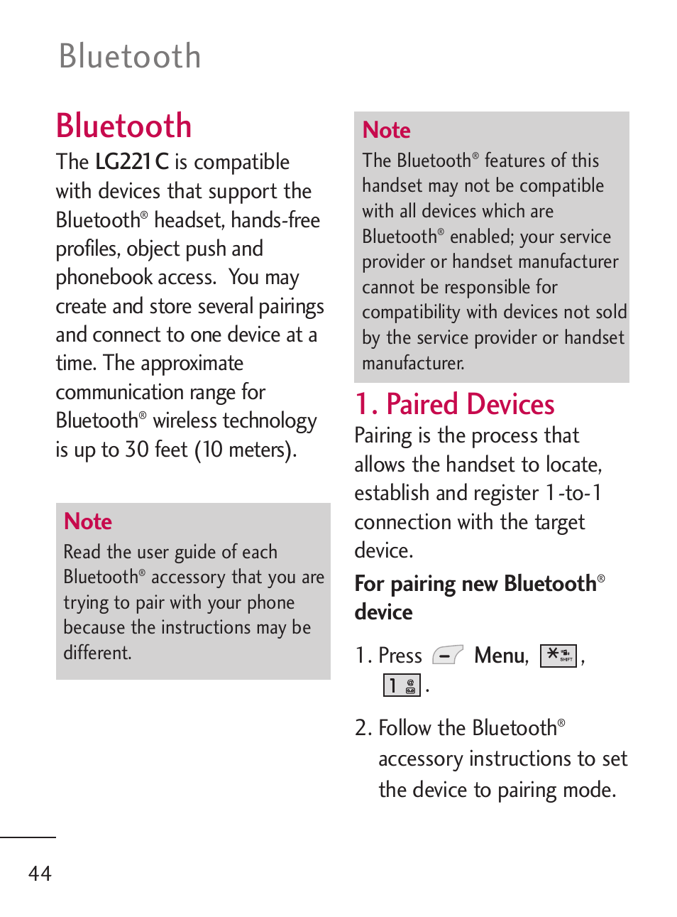 Bluetooth, Paired devices | LG 221C User Manual | Page 44 / 98