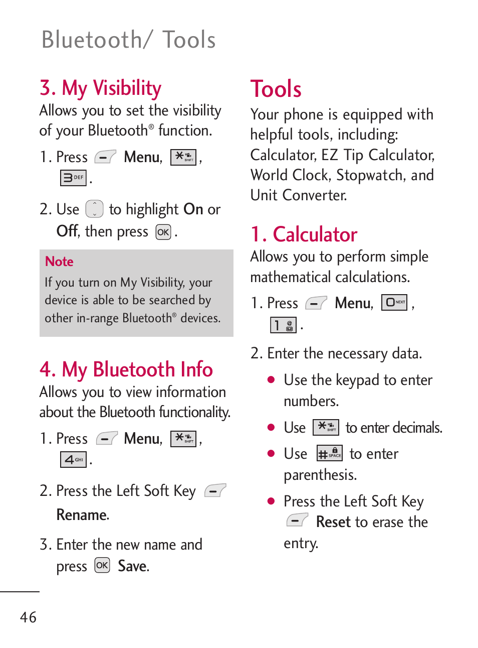 Bluetooth/ tools, Tools, My visibility | My bluetooth info, Calculator | LG 221C User Manual | Page 46 / 98