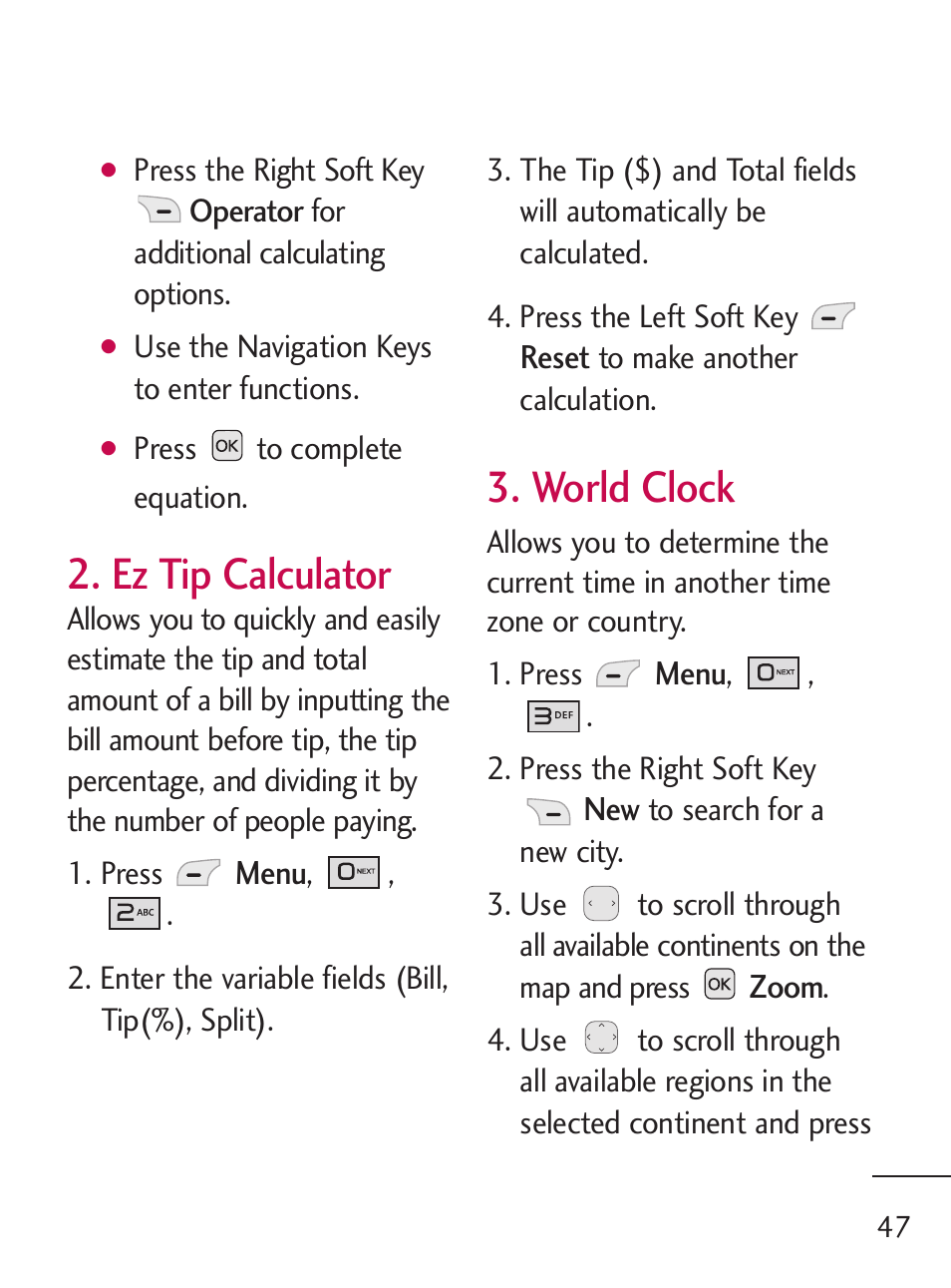 Ez tip calculator, World clock | LG 221C User Manual | Page 47 / 98