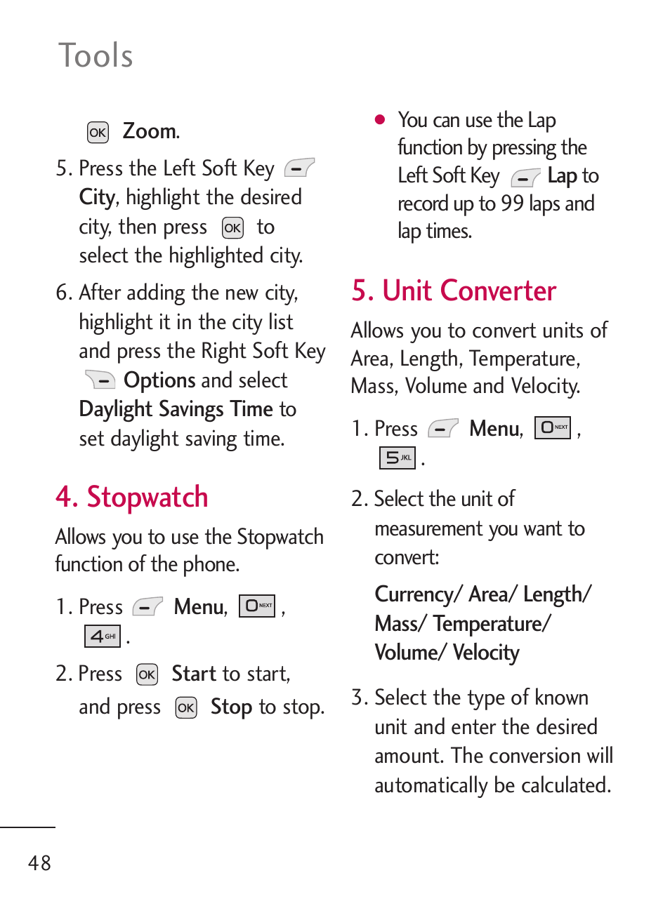 Tools, Stopwatch, Unit converter | LG 221C User Manual | Page 48 / 98