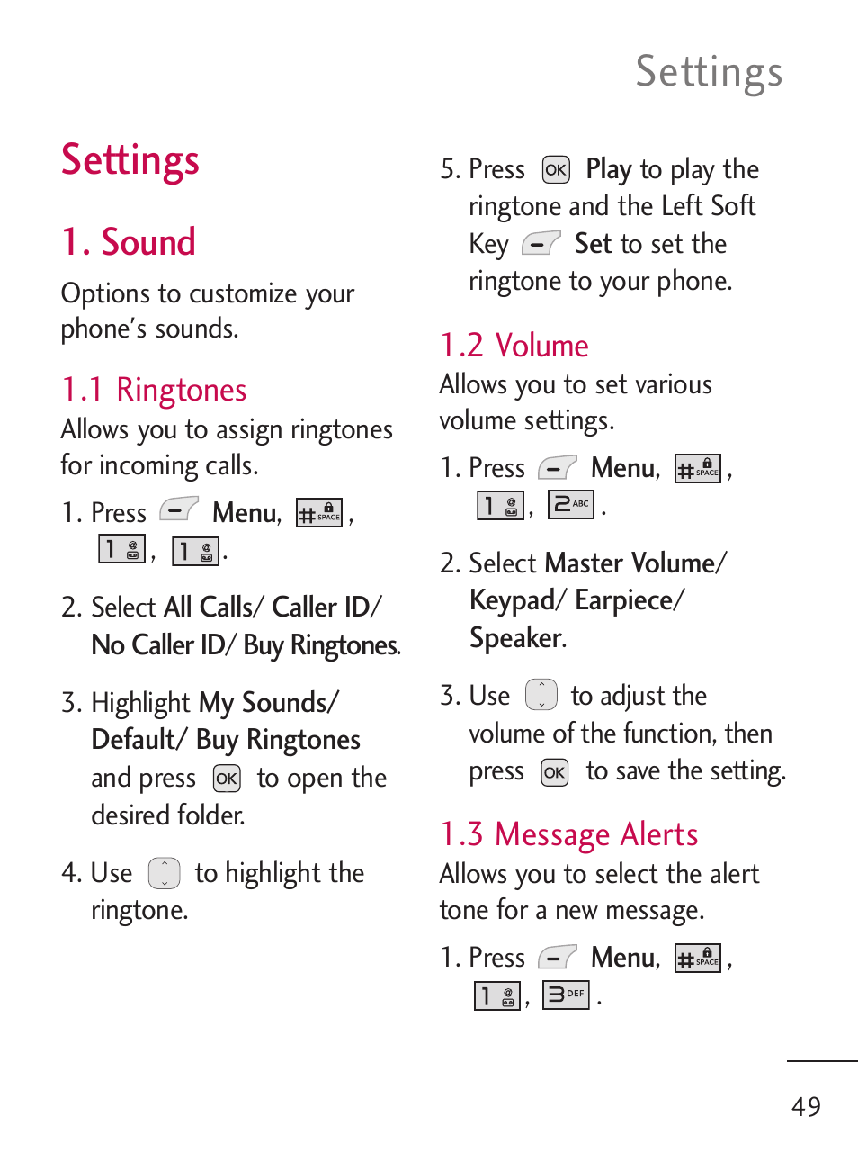 Settings, Sound, 1 ringtones | 2 volume, 3 message alerts | LG 221C User Manual | Page 49 / 98