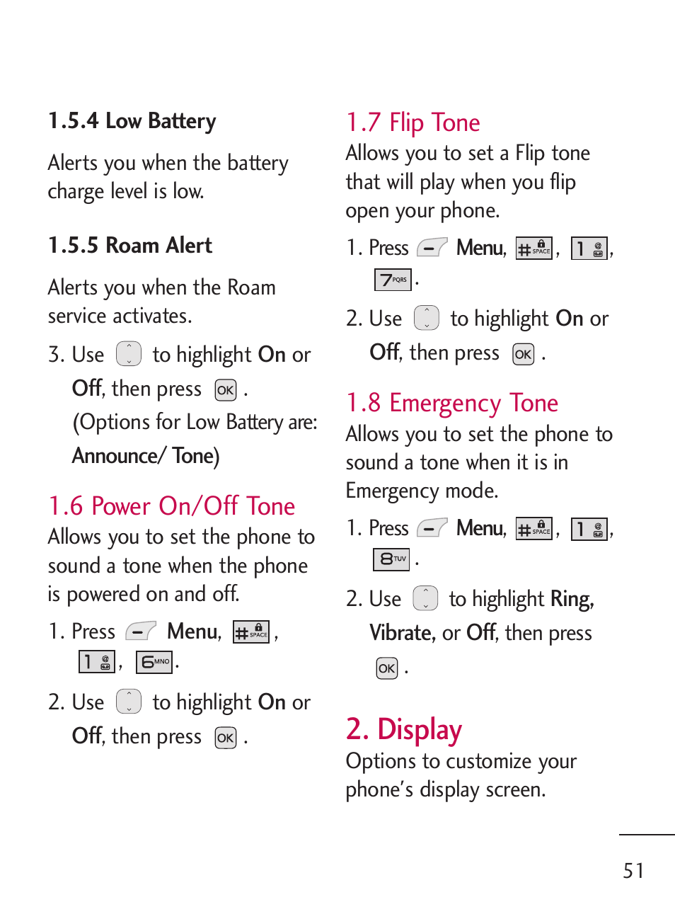 Display, 6 power on/off tone, 7 flip tone | 8 emergency tone | LG 221C User Manual | Page 51 / 98