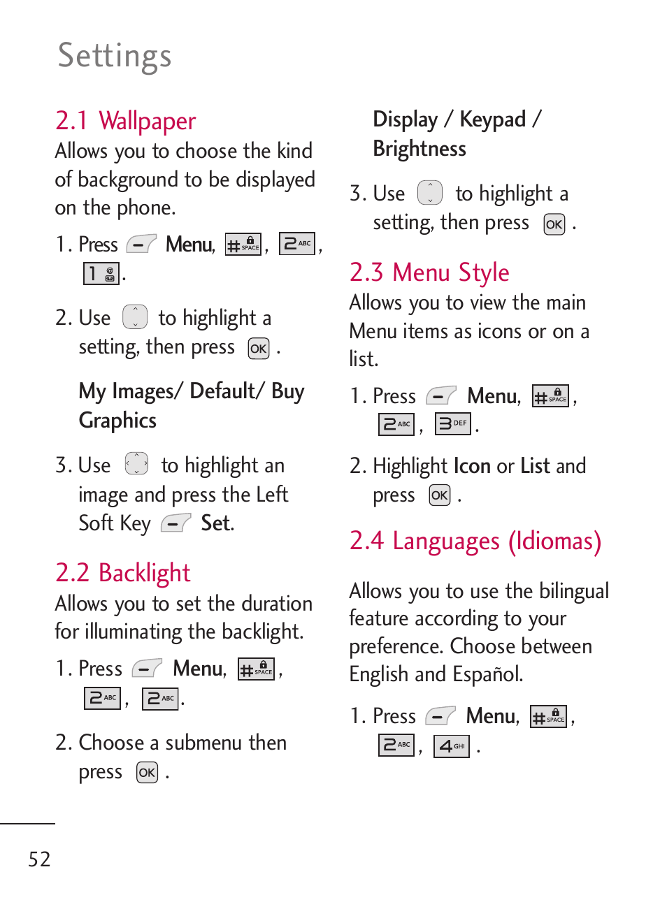 Settings, 1 wallpaper, 2 backlight | 3 menu style, 4 languages (idiomas) | LG 221C User Manual | Page 52 / 98