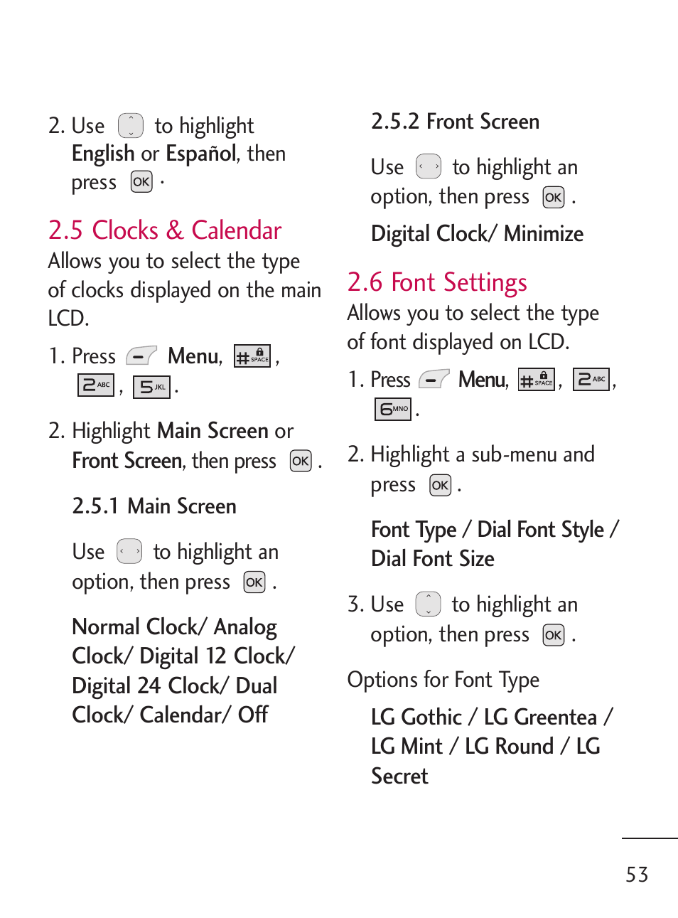 5 clocks & calendar, 6 font settings | LG 221C User Manual | Page 53 / 98