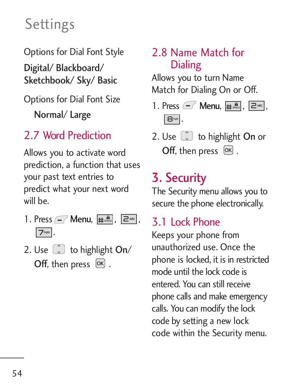 Settings, Security, 7 word prediction | 8 name match for dialing, 1 lock phone | LG 221C User Manual | Page 54 / 98