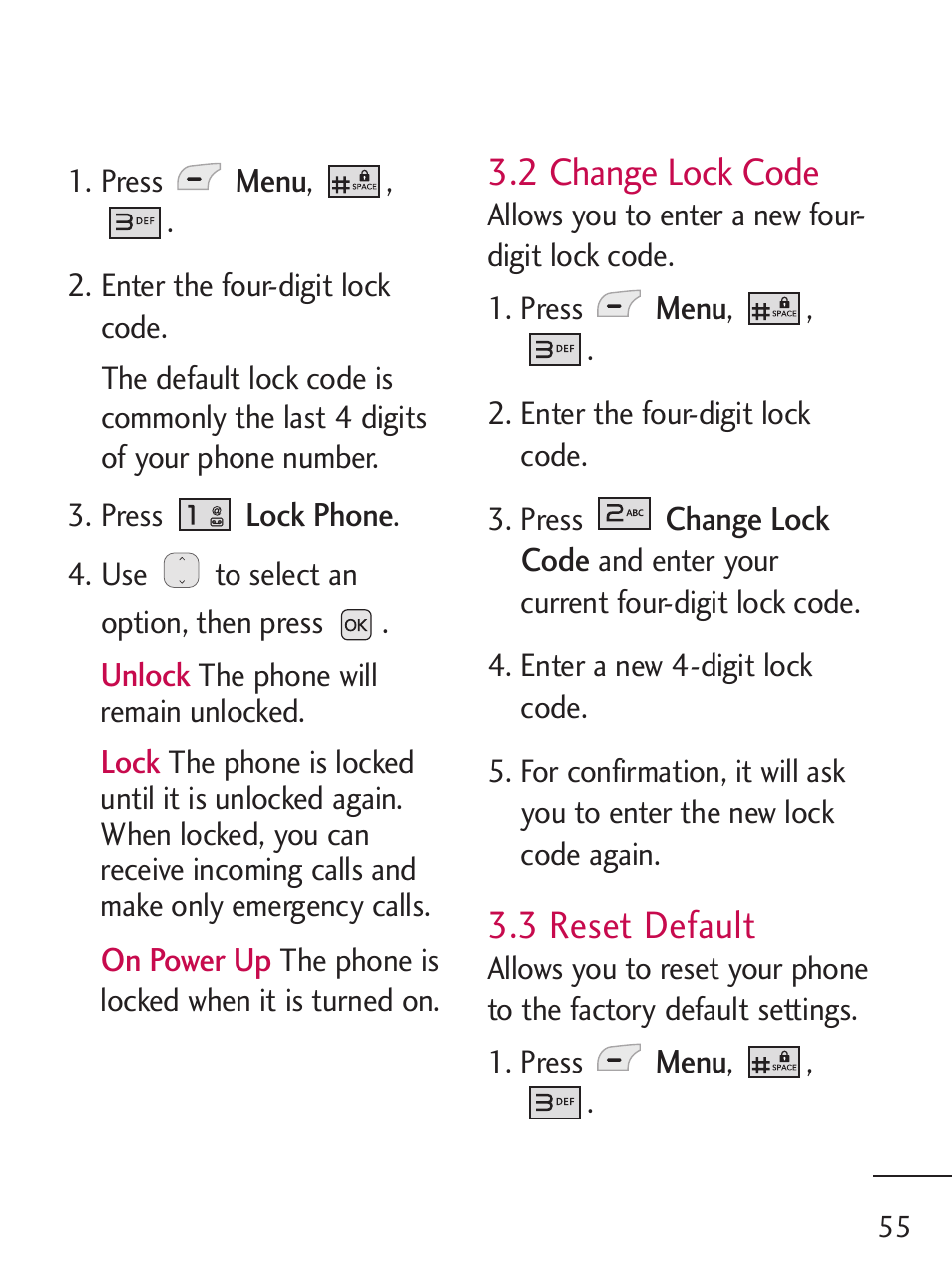 2 change lock code, 3 reset default | LG 221C User Manual | Page 55 / 98