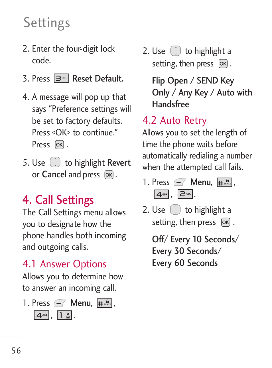 Settings, Call settings, 1 answer options | 2 auto retry | LG 221C User Manual | Page 56 / 98