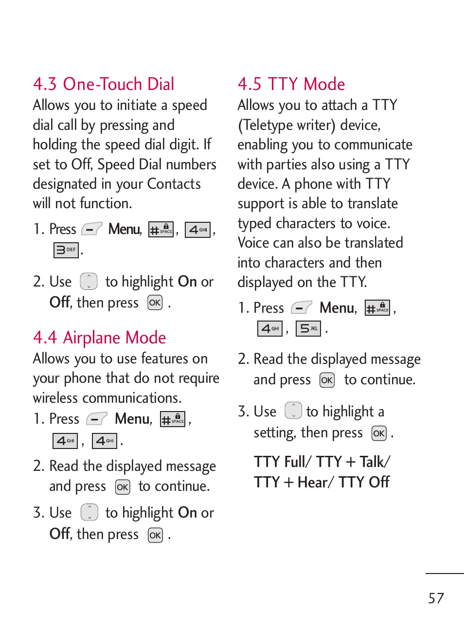 3 one-touch dial, 4 airplane mode, 5 tty mode | LG 221C User Manual | Page 57 / 98