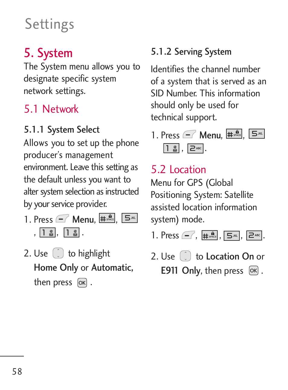 Settings, System, 1 network | 2 location | LG 221C User Manual | Page 58 / 98