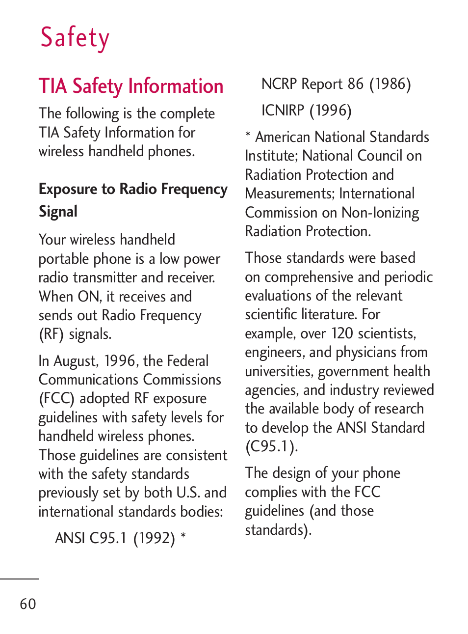 Safety, Tia safety information | LG 221C User Manual | Page 60 / 98