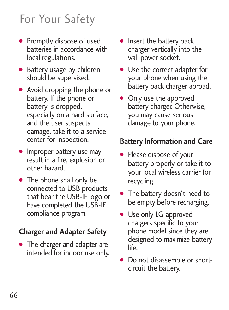 For your safety, Charger and adapter safety, Battery information and care | Battery usage by children should be supervised, Do not disassemble or short- circuit the battery | LG 221C User Manual | Page 66 / 98