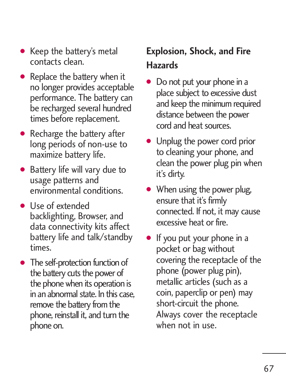 Explosion, shock, and fire hazards, Keep the battery’s metal contacts clean | LG 221C User Manual | Page 67 / 98