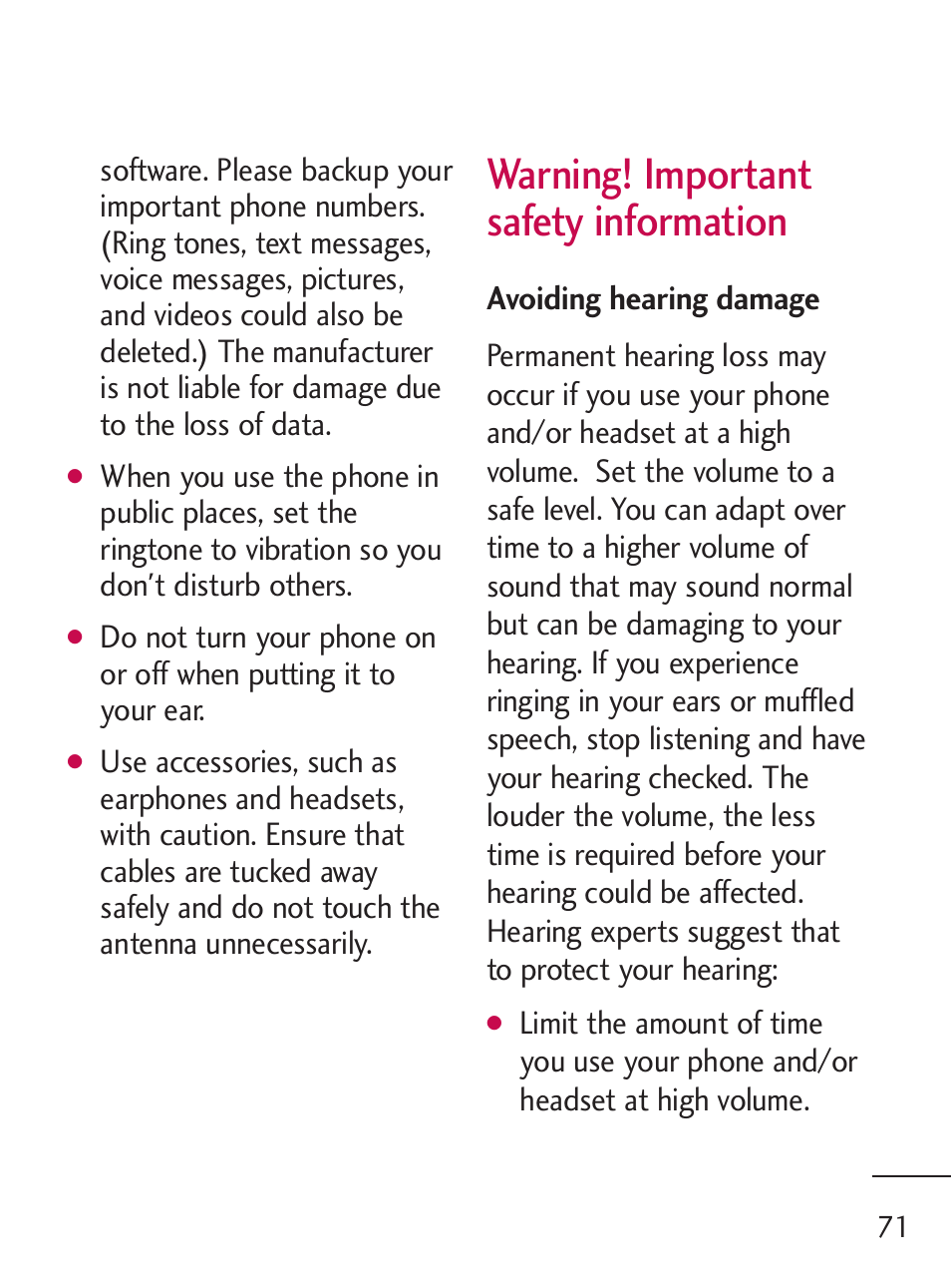 Warning! important safety information | LG 221C User Manual | Page 71 / 98