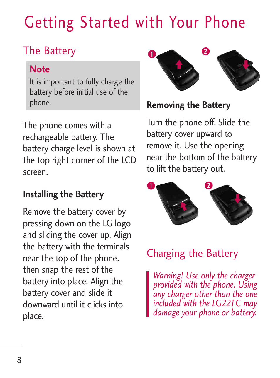 Getting started with your phone | LG 221C User Manual | Page 8 / 98