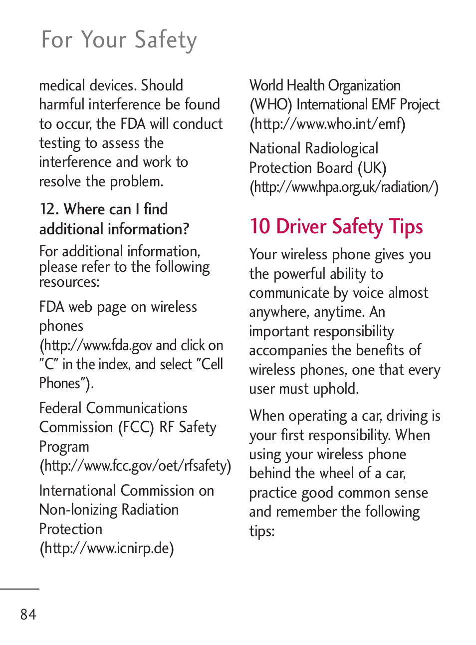 For your safety, 10 driver safety tips | LG 221C User Manual | Page 84 / 98