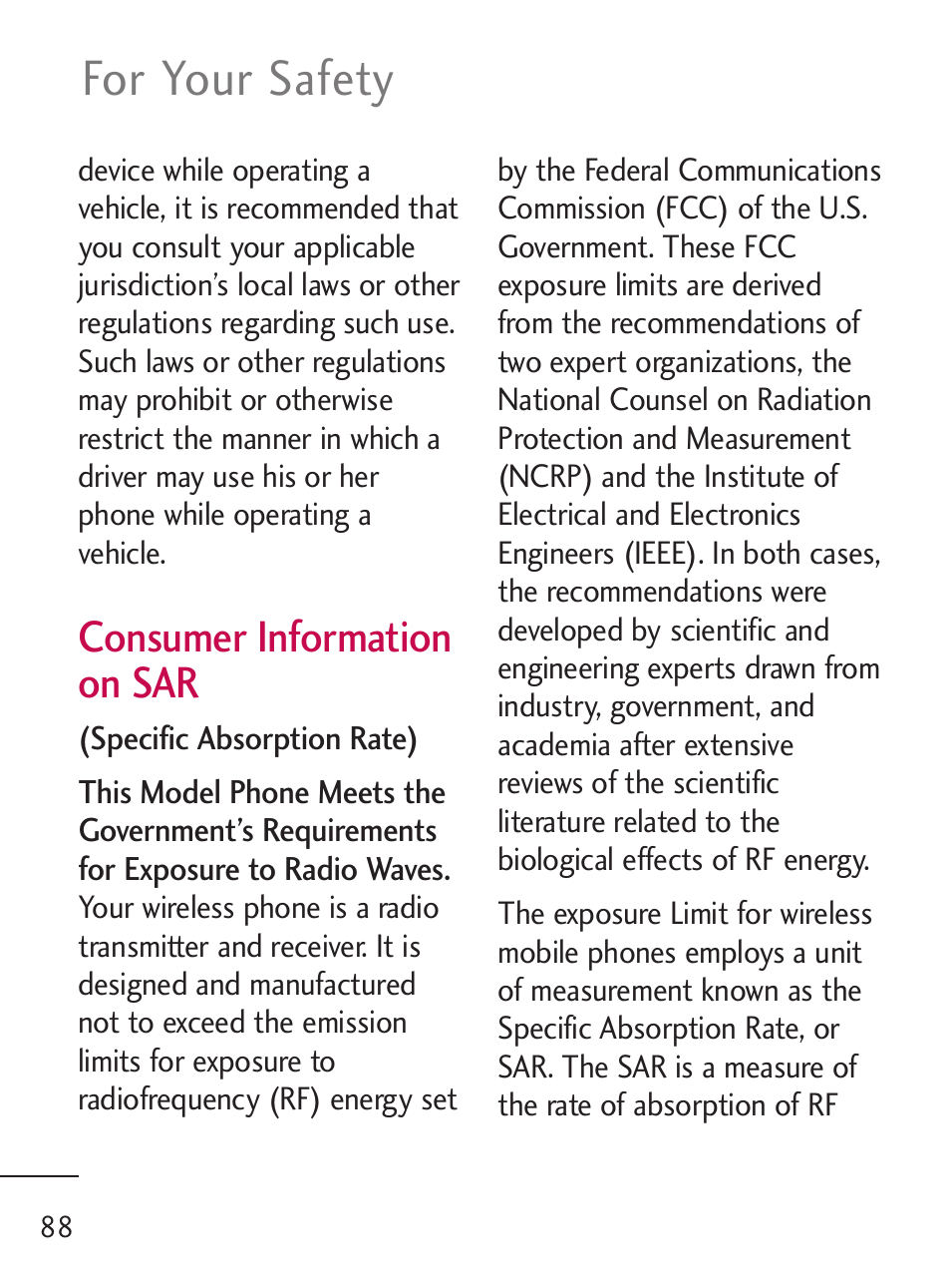 For your safety, Consumer information on sar | LG 221C User Manual | Page 88 / 98