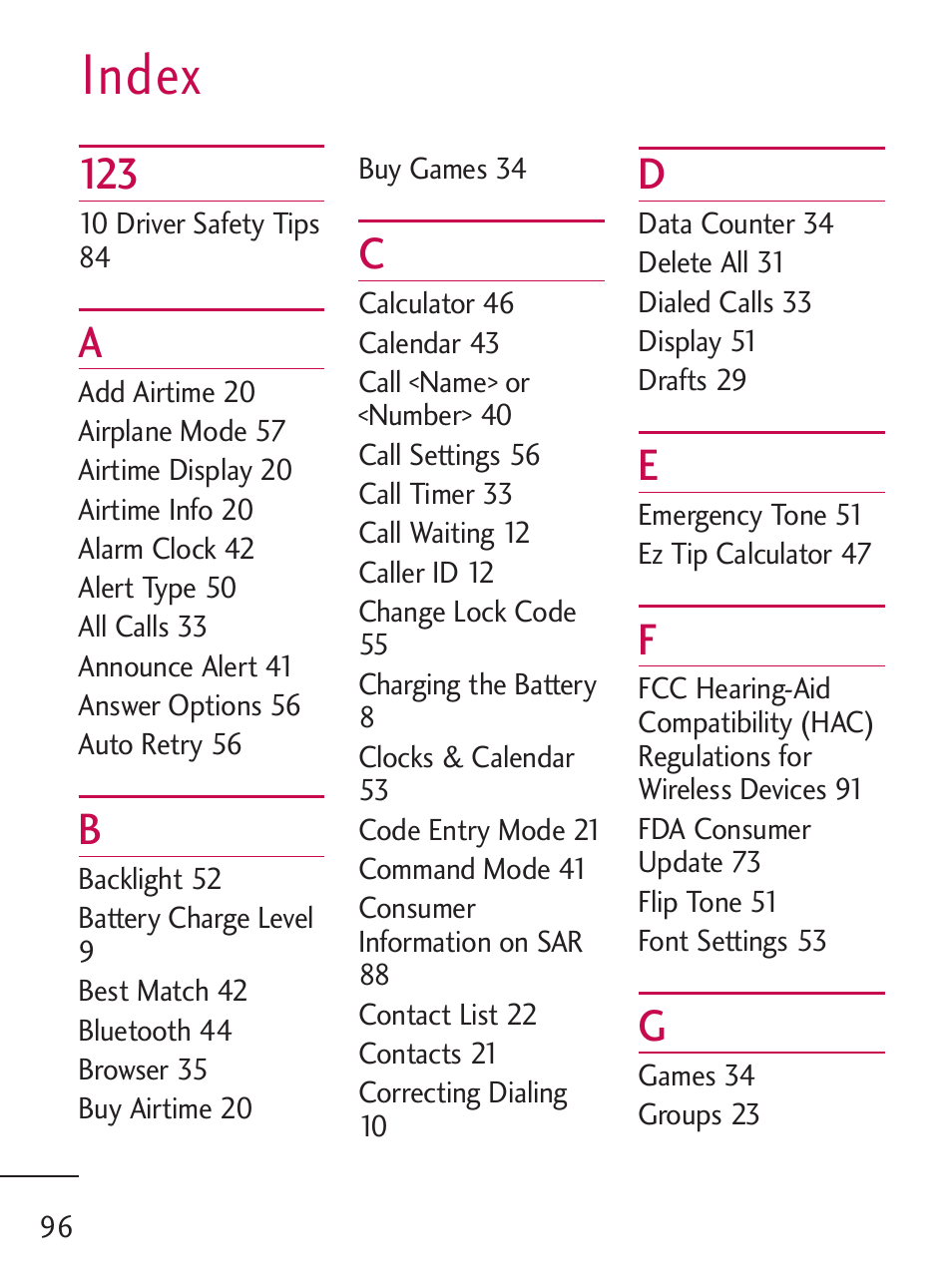 Index | LG 221C User Manual | Page 96 / 98