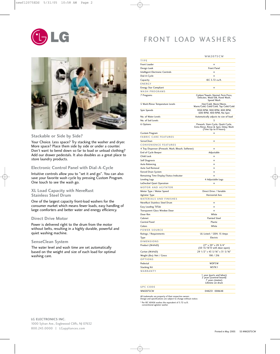 Stackable or side by side, Electronic control panel with dial-a-cycle, Direct drive motor | Senseclean system | LG wm2075cw User Manual | Page 2 / 2
