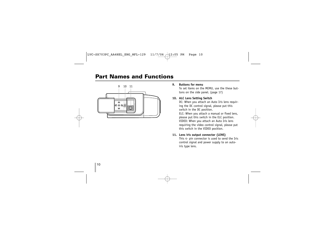 Part names and functions | LG LVC-SX703PB/OB/MB User Manual | Page 10 / 40