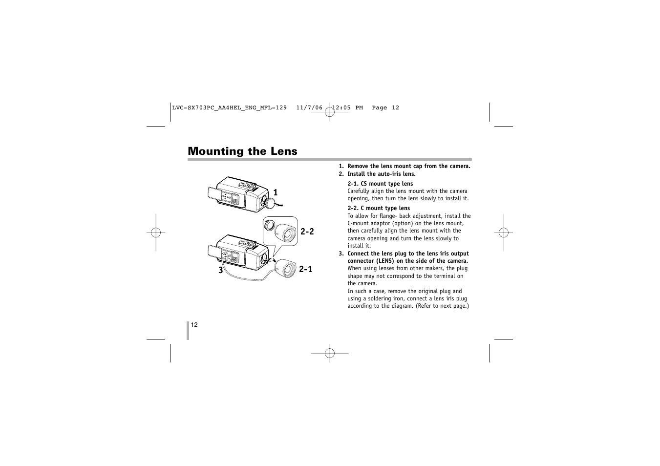 Mounting the lens | LG LVC-SX703PB/OB/MB User Manual | Page 12 / 40