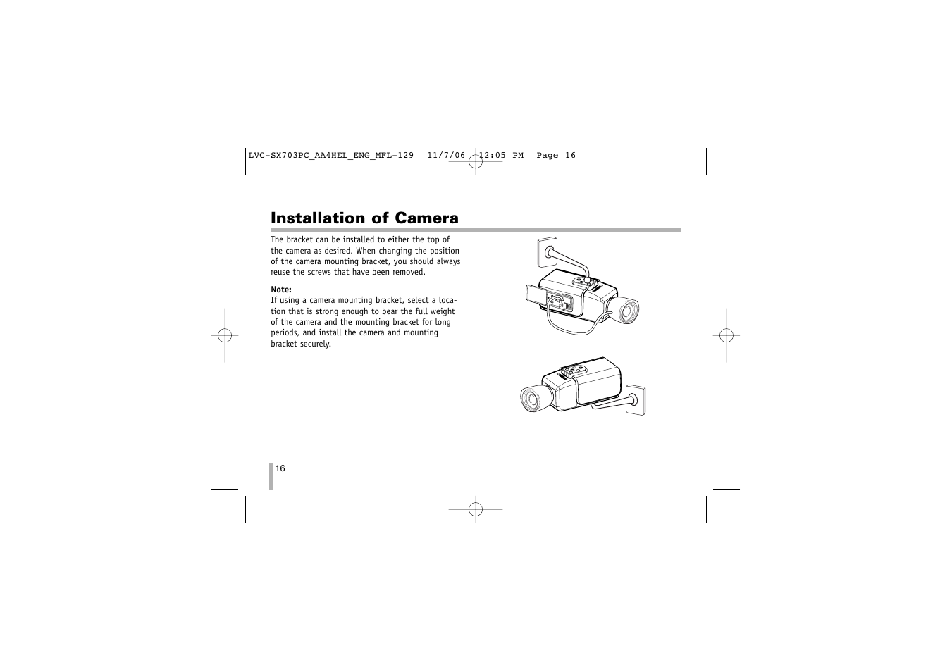 Installation of camera | LG LVC-SX703PB/OB/MB User Manual | Page 16 / 40