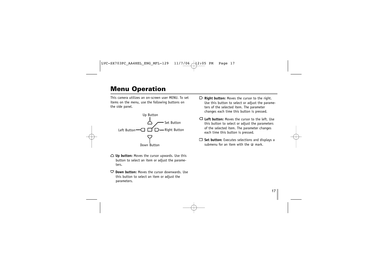 Menu operation | LG LVC-SX703PB/OB/MB User Manual | Page 17 / 40