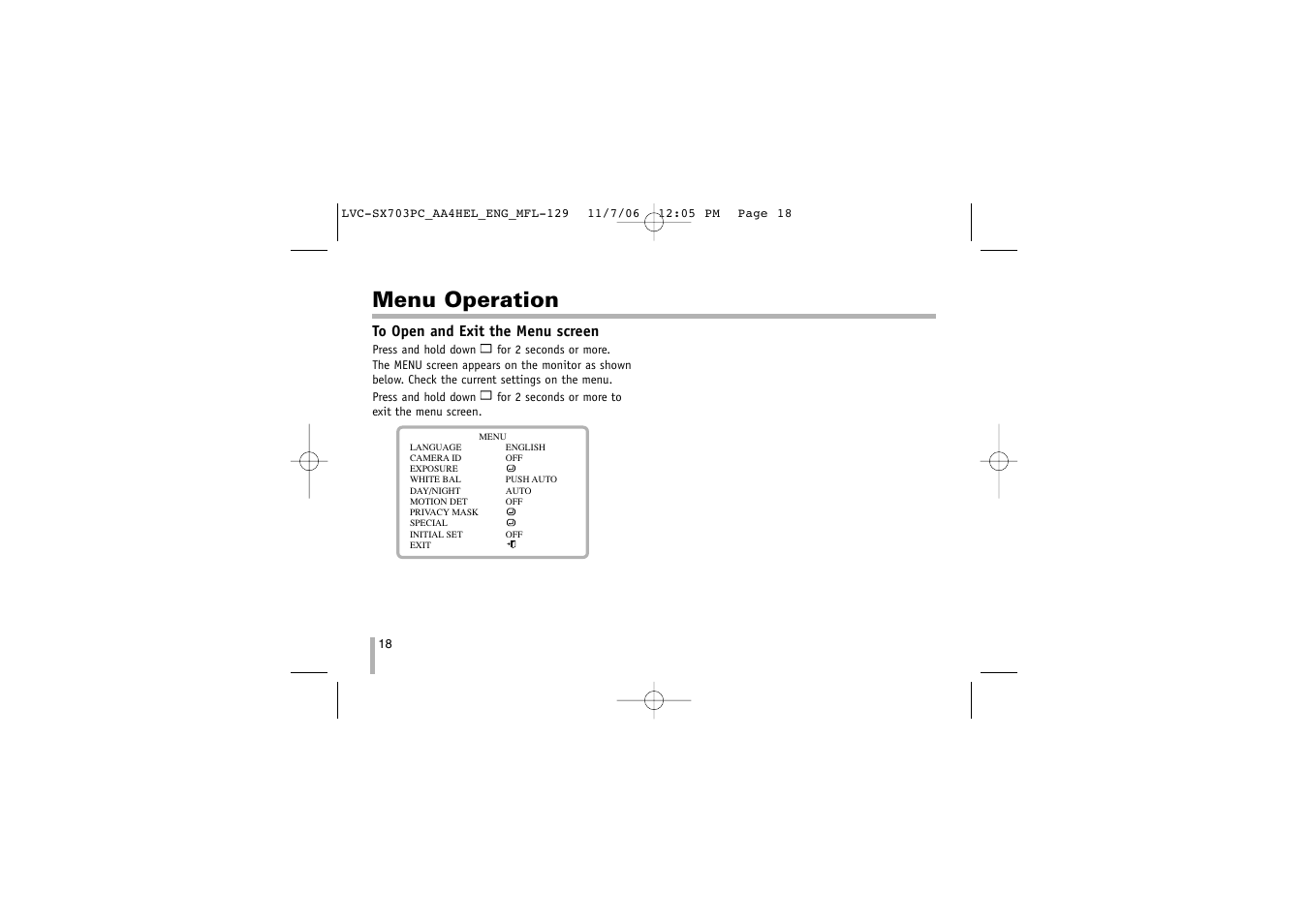 Menu operation | LG LVC-SX703PB/OB/MB User Manual | Page 18 / 40