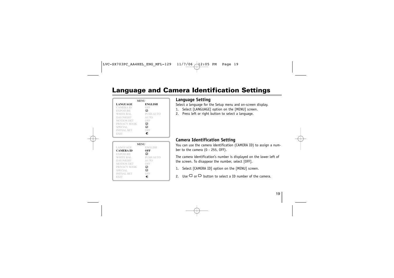 Language and camera identification settings, Language setting, Camera identification setting | LG LVC-SX703PB/OB/MB User Manual | Page 19 / 40
