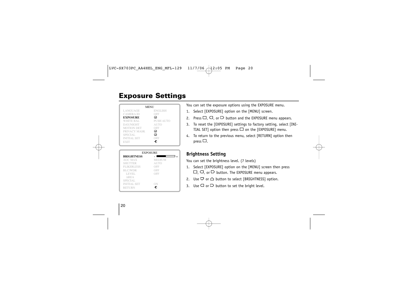 Exposure settings | LG LVC-SX703PB/OB/MB User Manual | Page 20 / 40