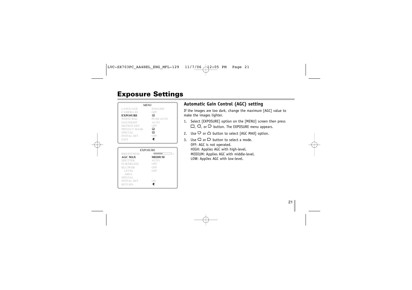 Exposure settings, Automatic gain control (agc) setting | LG LVC-SX703PB/OB/MB User Manual | Page 21 / 40