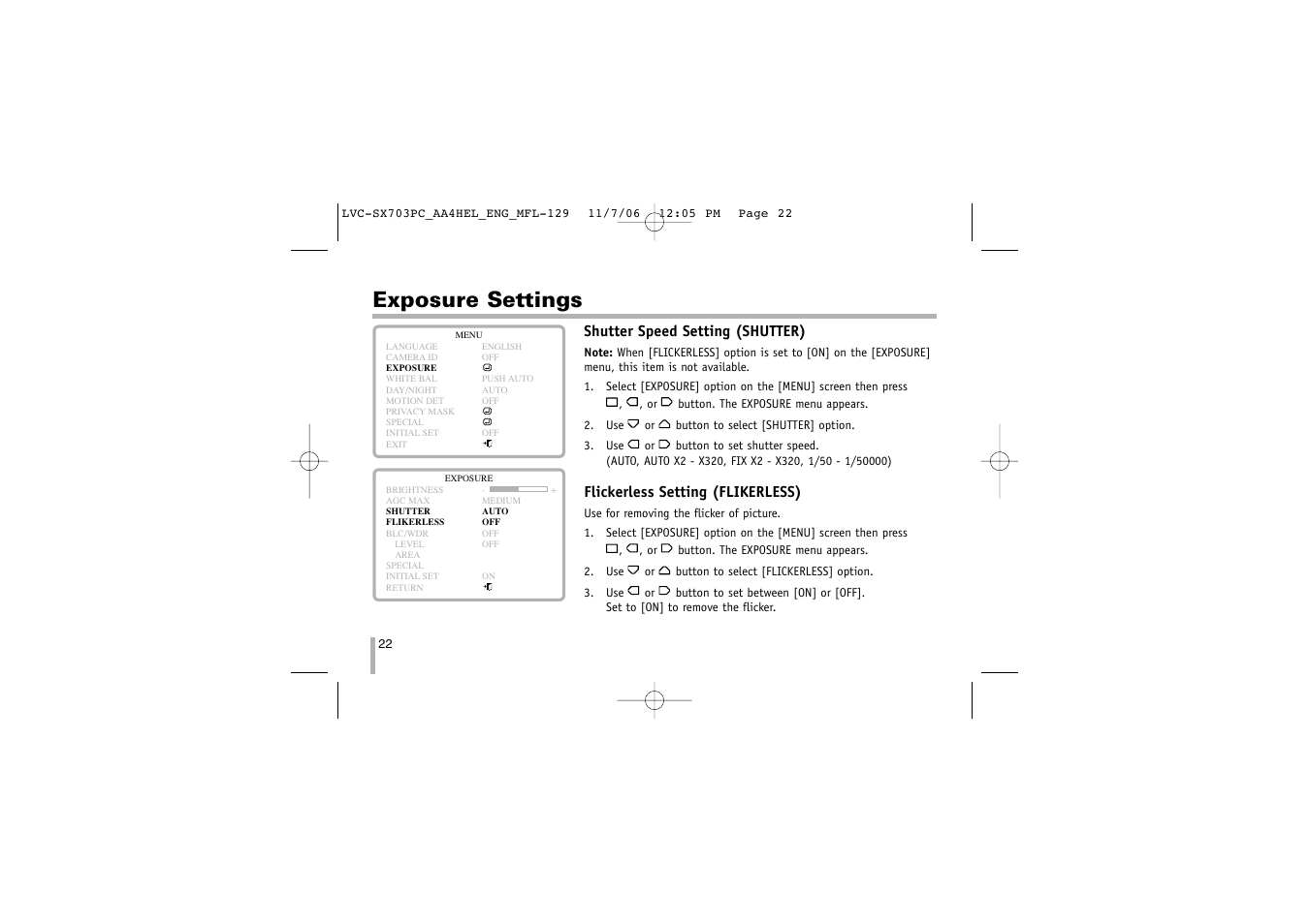 Exposure settings | LG LVC-SX703PB/OB/MB User Manual | Page 22 / 40