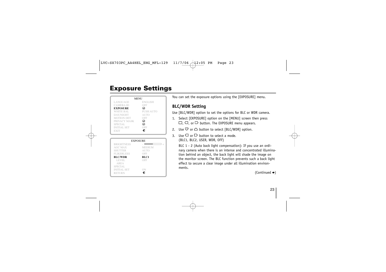 Exposure settings, Blc/wdr setting | LG LVC-SX703PB/OB/MB User Manual | Page 23 / 40