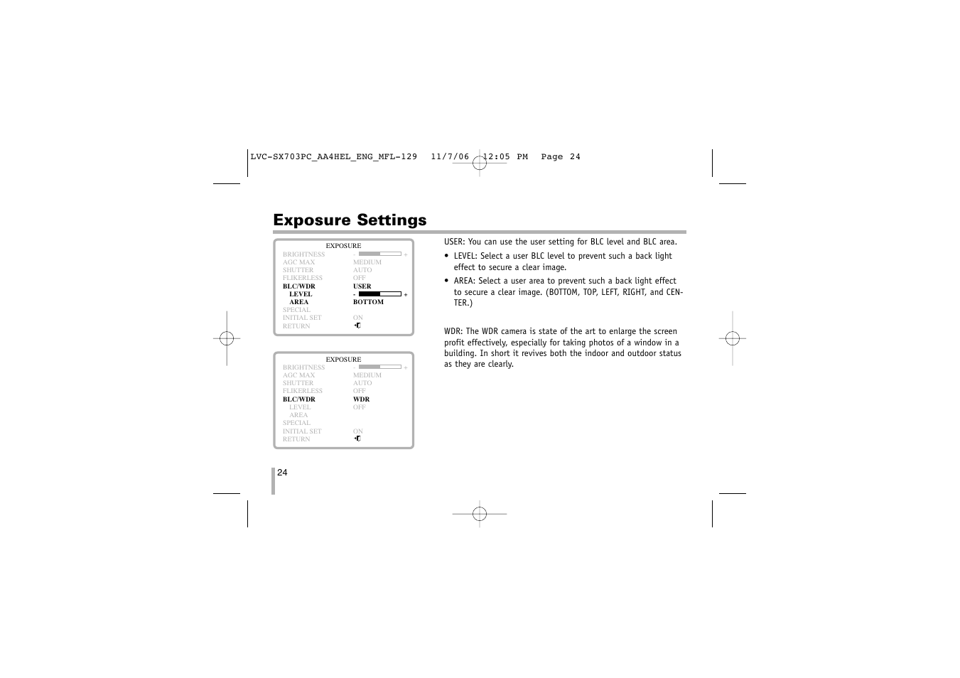 Exposure settings | LG LVC-SX703PB/OB/MB User Manual | Page 24 / 40