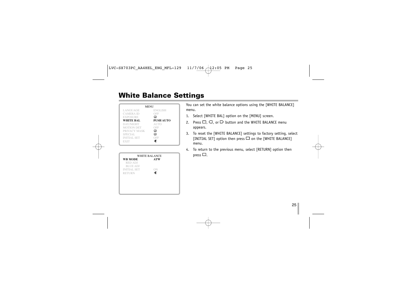 White balance settings | LG LVC-SX703PB/OB/MB User Manual | Page 25 / 40
