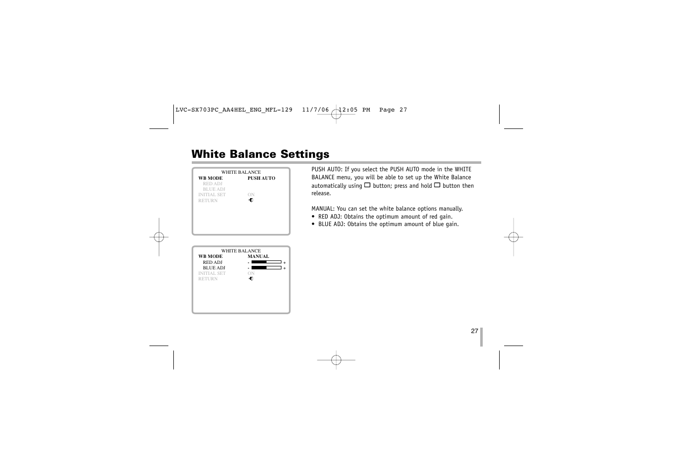 White balance settings | LG LVC-SX703PB/OB/MB User Manual | Page 27 / 40