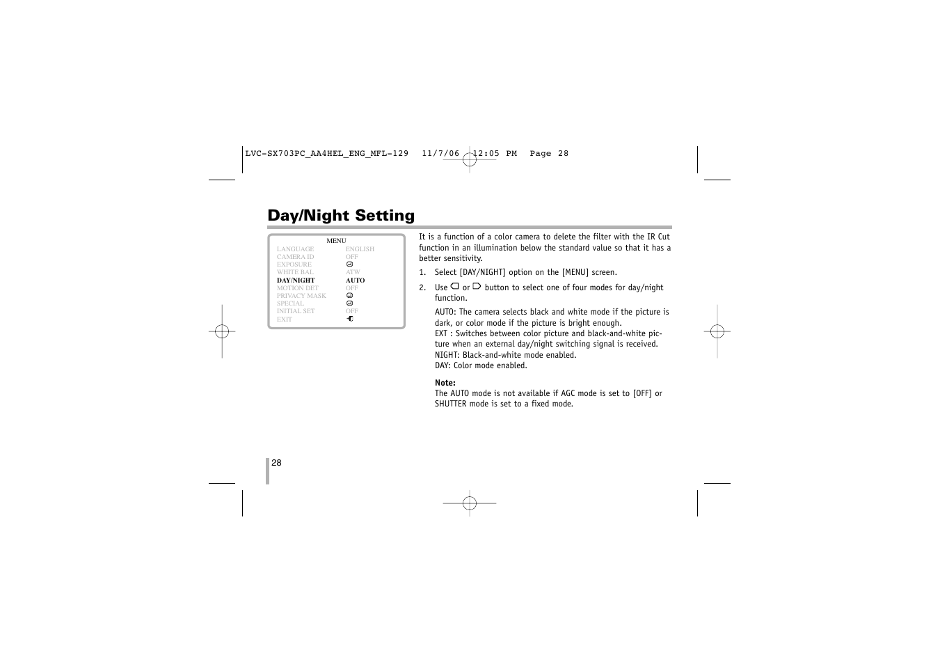 Day/night setting | LG LVC-SX703PB/OB/MB User Manual | Page 28 / 40