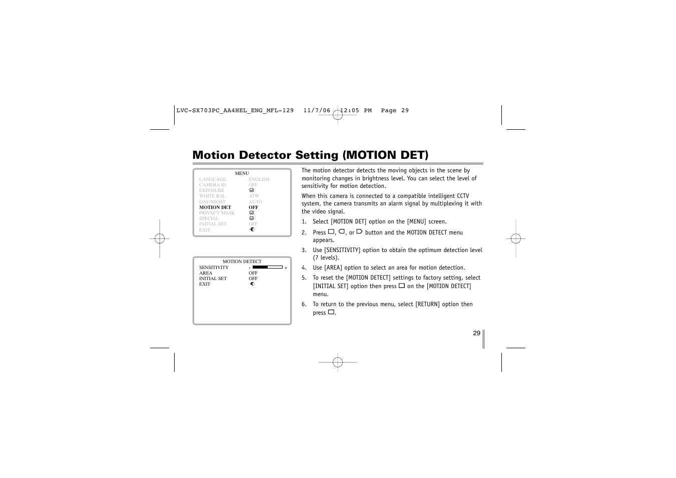Motion detector setting (motion det) | LG LVC-SX703PB/OB/MB User Manual | Page 29 / 40