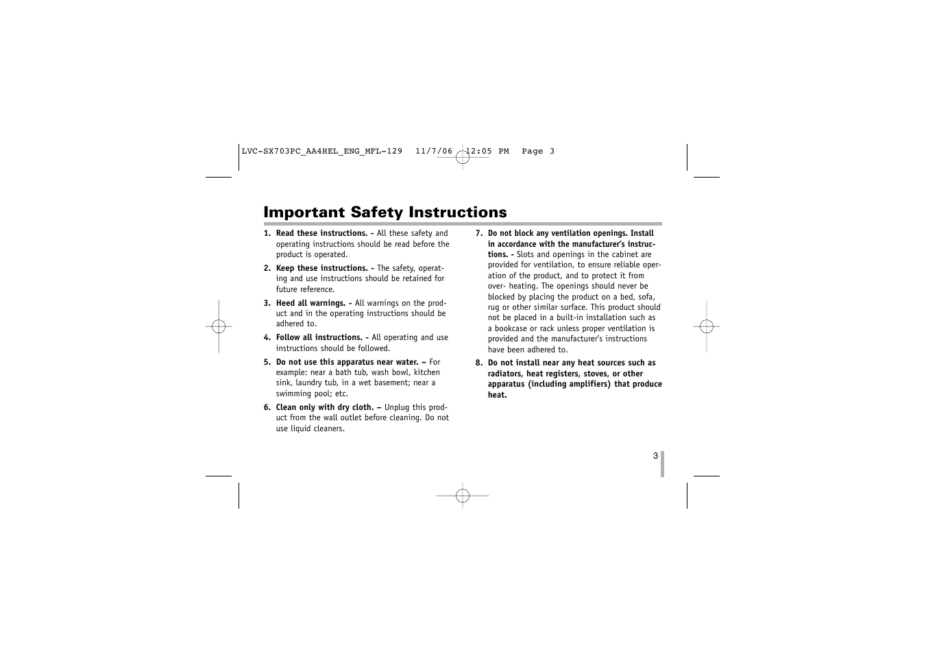Important safety instructions | LG LVC-SX703PB/OB/MB User Manual | Page 3 / 40